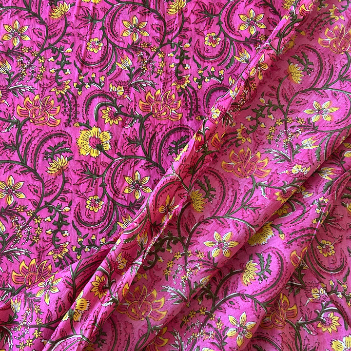 Voile indienne rose fleur jaune