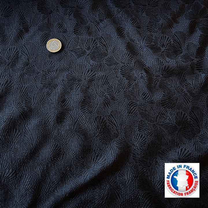 Voile jacquard camélia noir Made in France