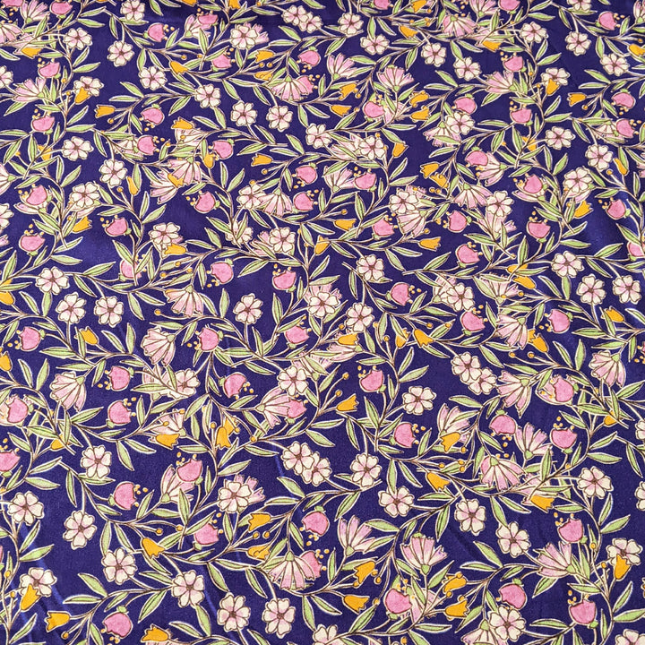 Viscose fond violet fleur rose et jaune d'or