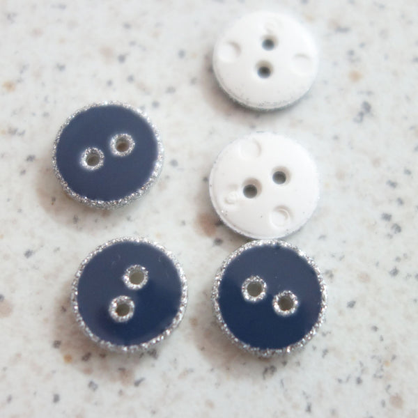 Boutons bleu/gris paillettes or 10 mm