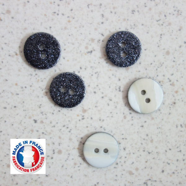 Boutons nacre paillettes bleu jean 15 mm