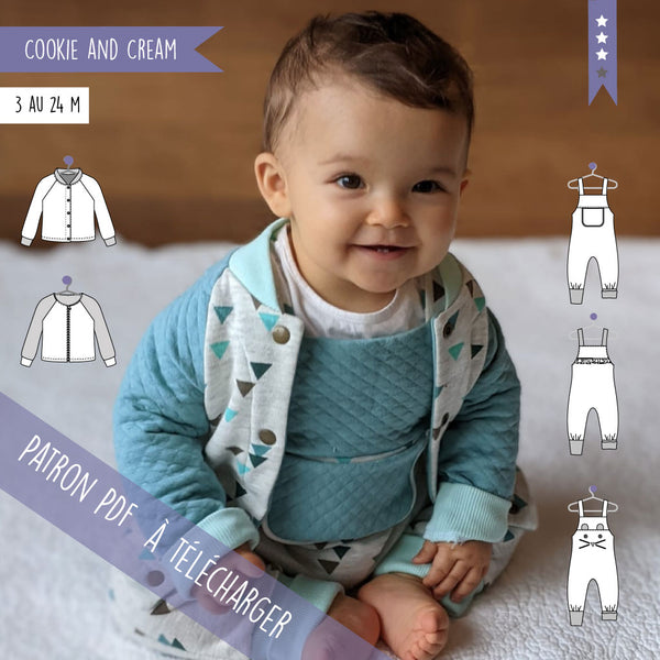 Patron bébé : gilet Cookie et salopette Cream du 3 au 24 mois (PDF)