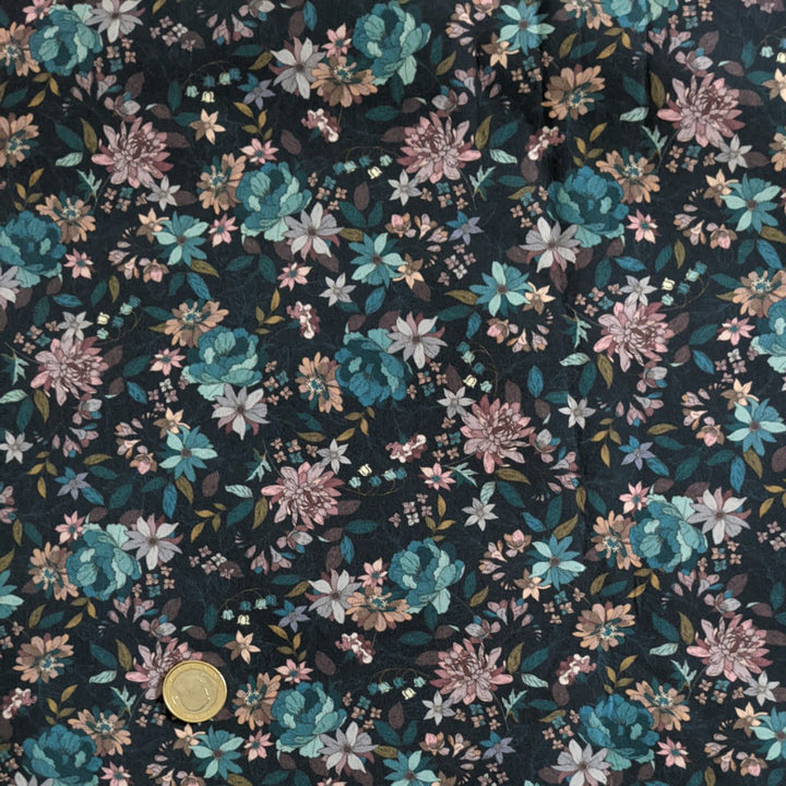 Tissu déperlant double face fond bleu fleur vintage