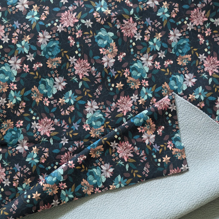 Tissu déperlant double face fond bleu fleur vintage