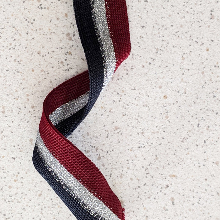 Galon lurex marine, argent, bordeaux 25 mm