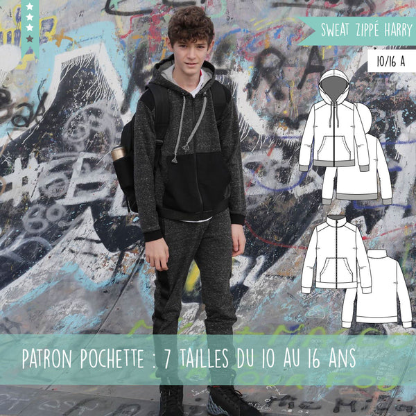 Patron ado sweat zippé Harry 10/16 ans