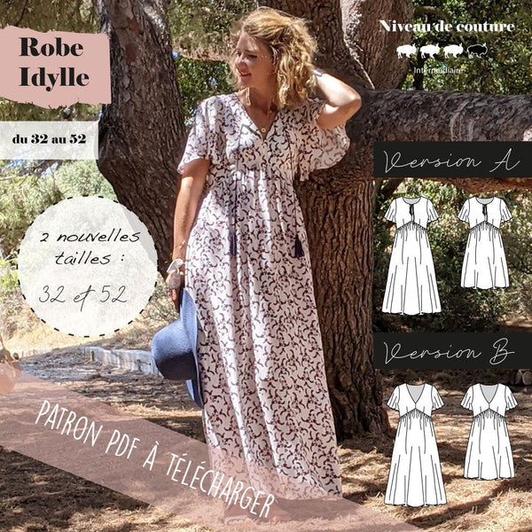 Patron Robe Maxi-dress et Robe courte Idylle du 32 au 52 (PDF)