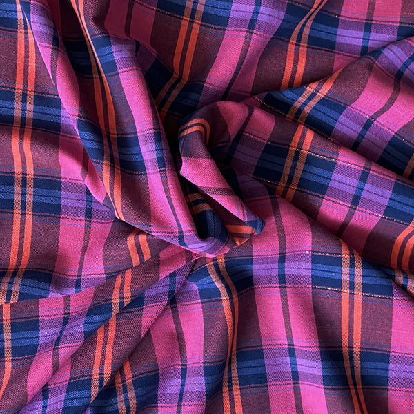 Coton carreaux écossais rose fushia fil lurex