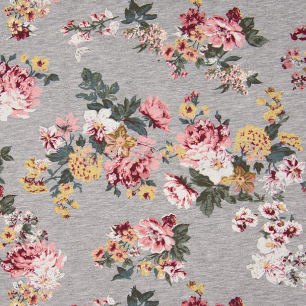 Sweat gris chiné fleurs rose, moutarde et brique