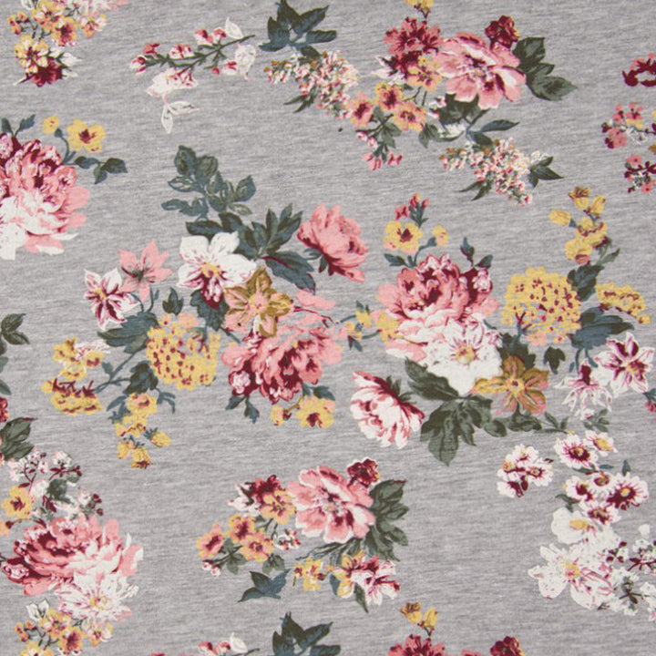 Sweat gris chiné fleurs rose, moutarde et brique