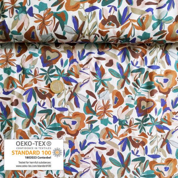 Viscose fond blanc jungle verte violette et cognac