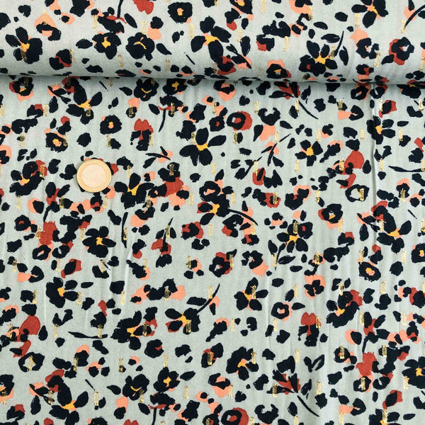 Viscose vert tilleul fleur noir et rectangle or