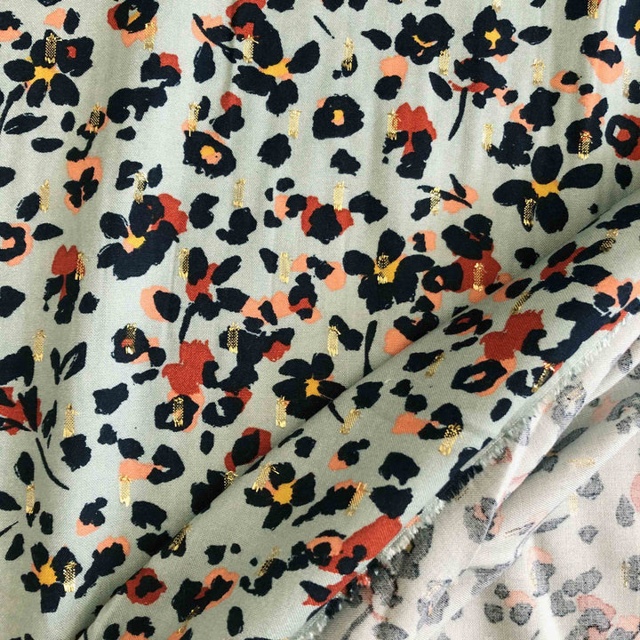 Viscose vert tilleul fleur noir et rectangle or
