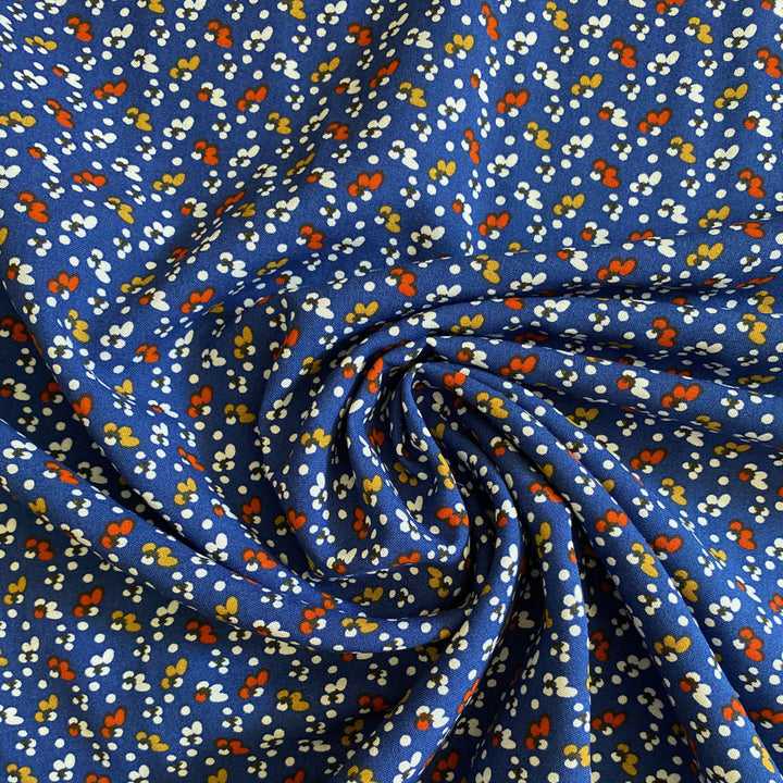 Viscose bleu mini motif blanc et brique
