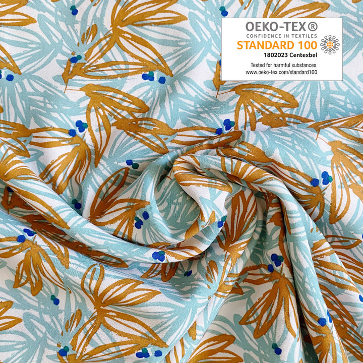 Viscose écru grande feuilles menthe et ocre