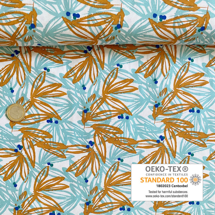 Viscose écru grande feuilles menthe et ocre