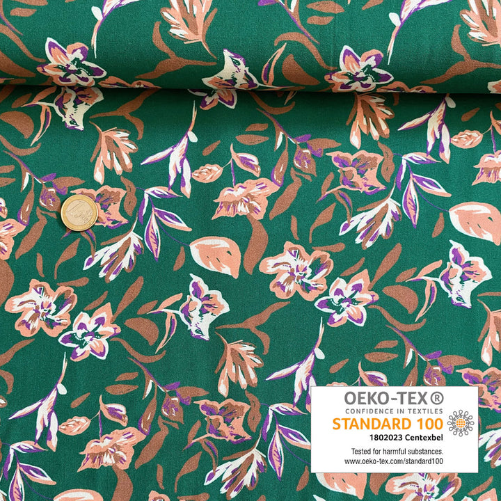 Viscose verte fleur corail et violet