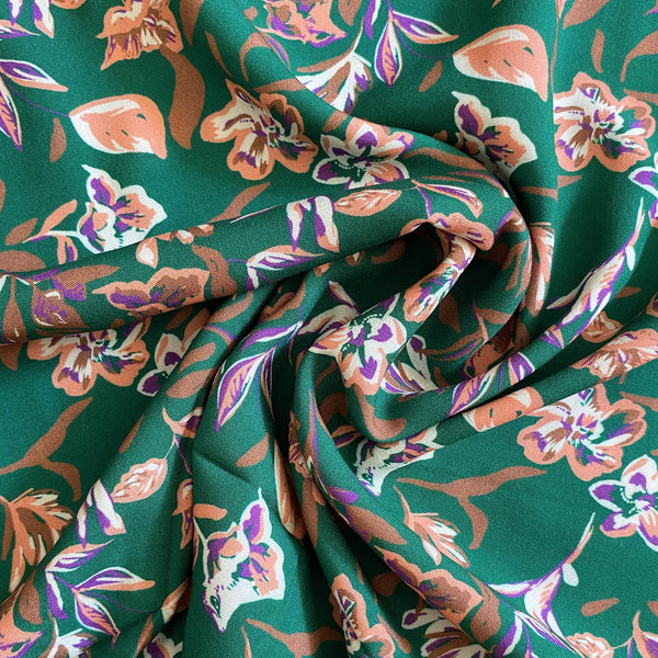 Viscose verte fleur corail et violet