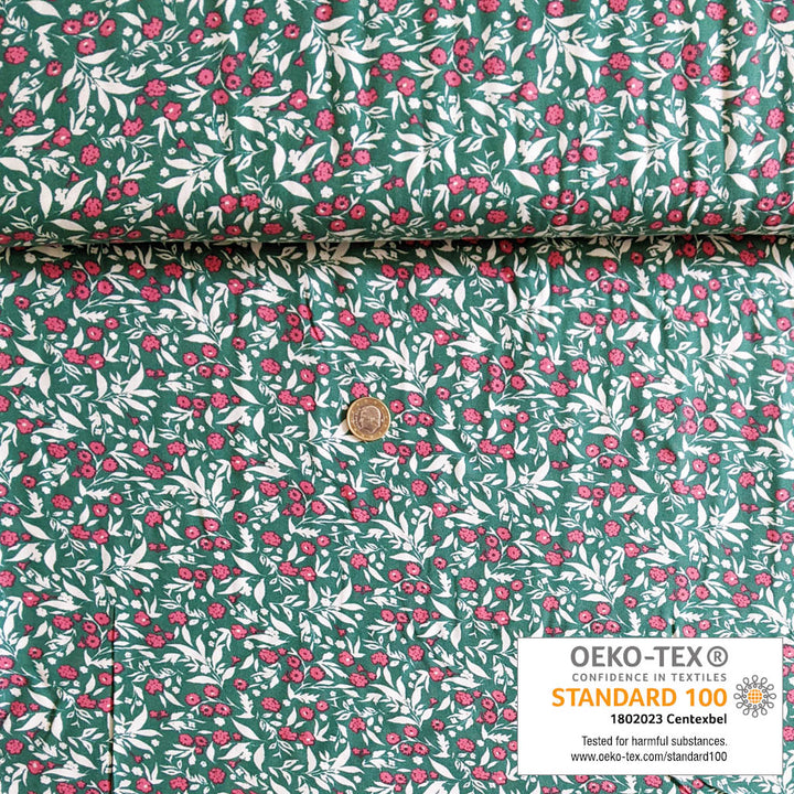 Viscose verte fleur rose et feuillage blanc