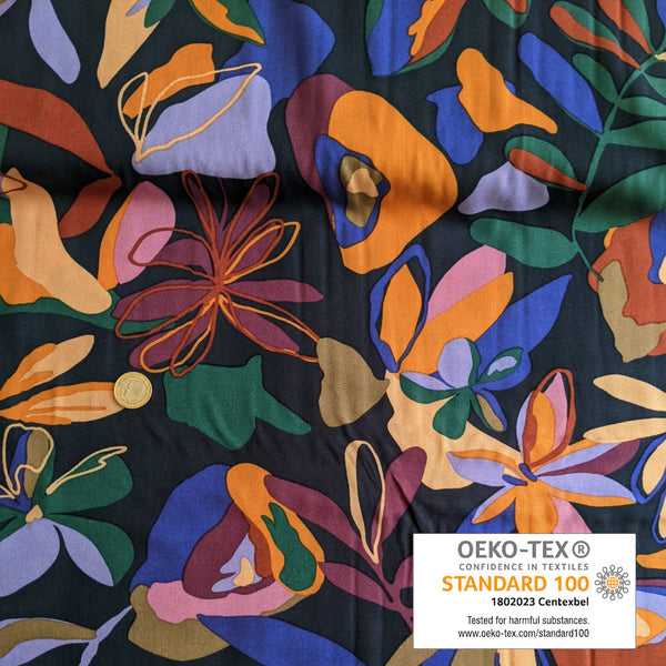 Viscose fond noir végétal XL orange et prune